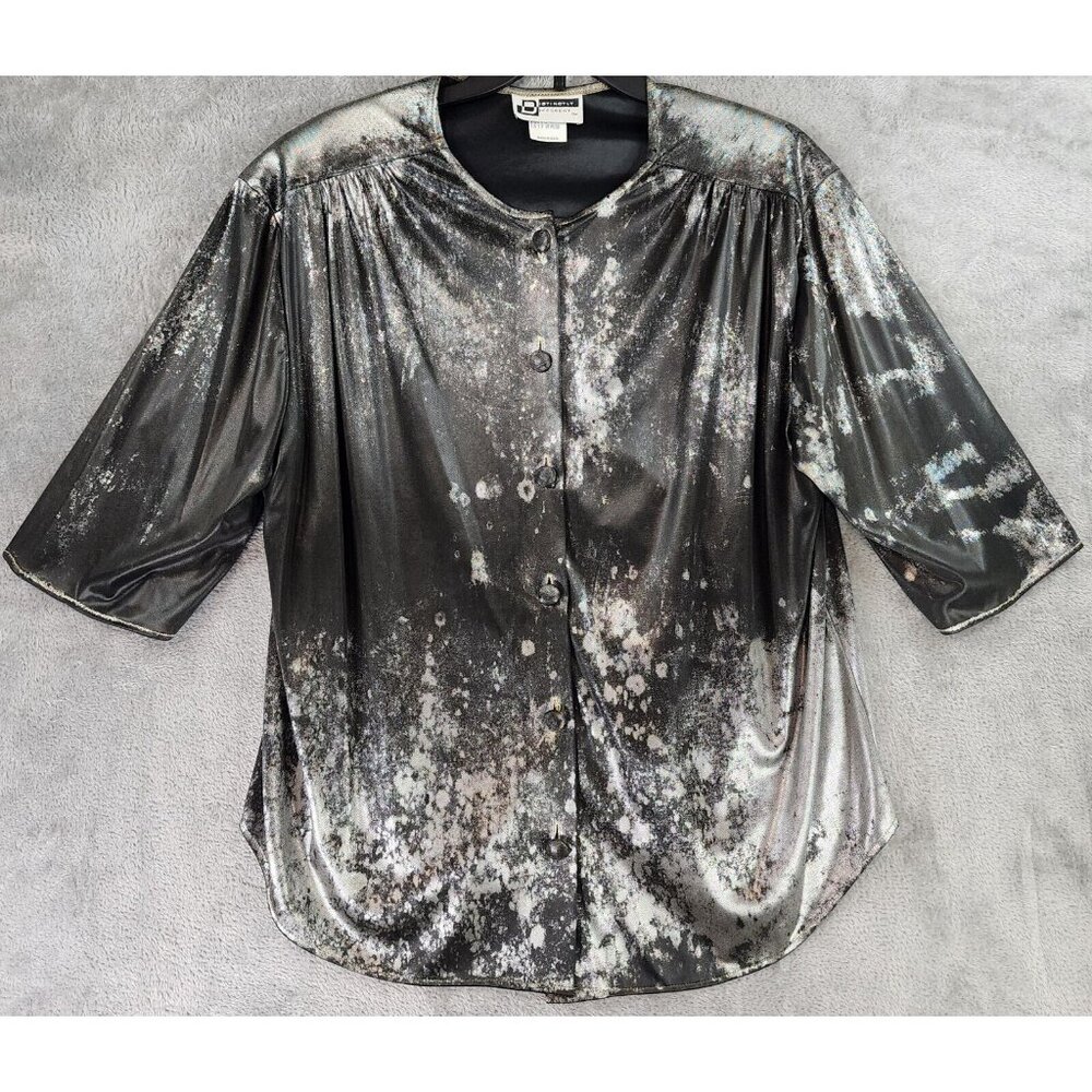 Distinctly Different Shirt Womens 18W Silver Retro Vintage Button up Blouse USA